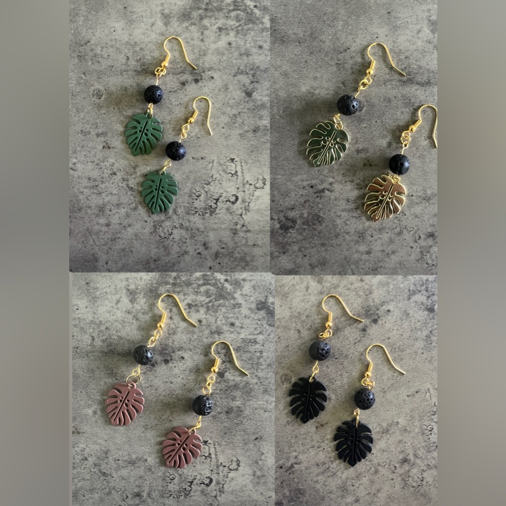 Gorgeous Lava Stone & Monstera Earrings on Hypoallergenic hooks